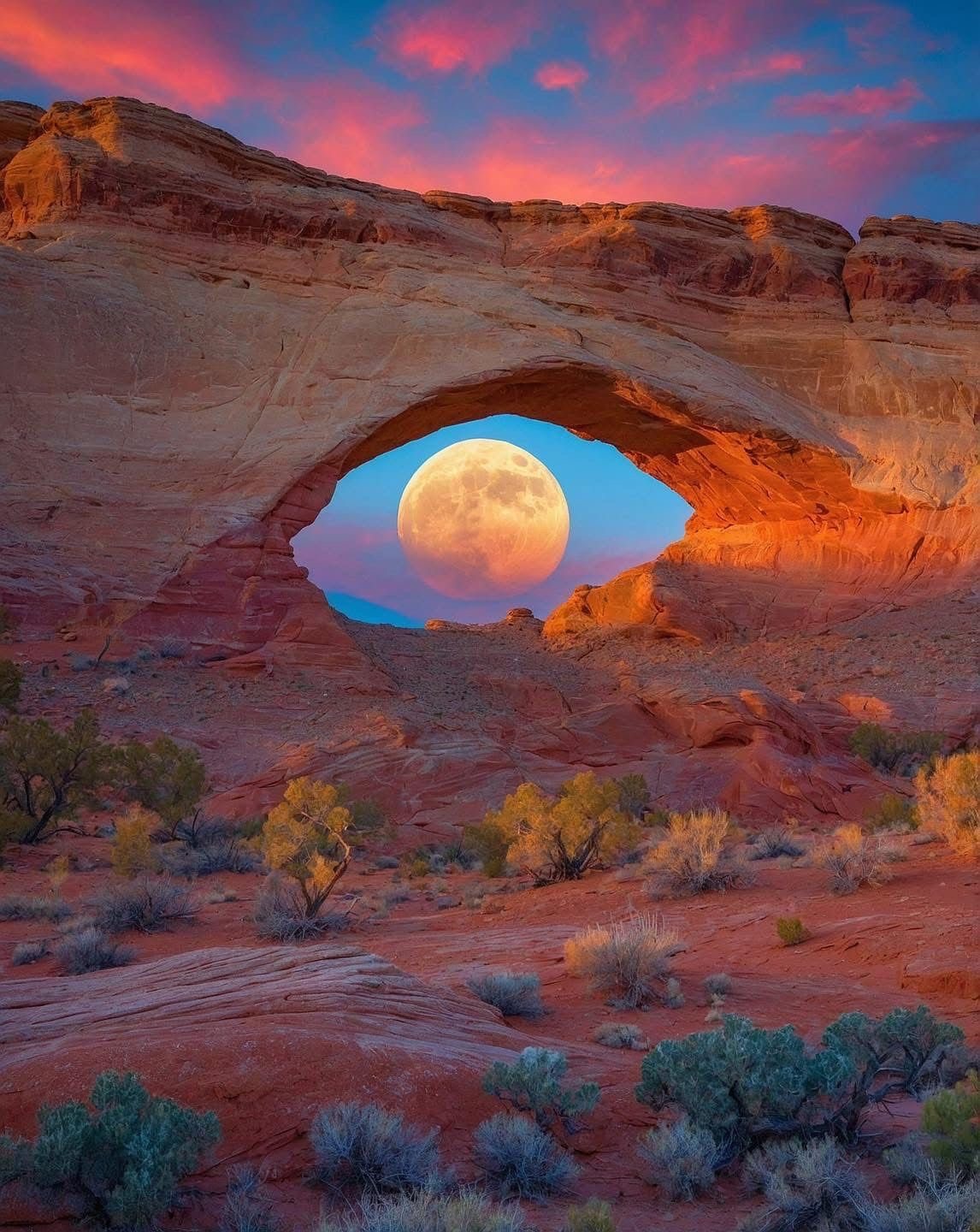 Arco natural bajo la luna en Utah
